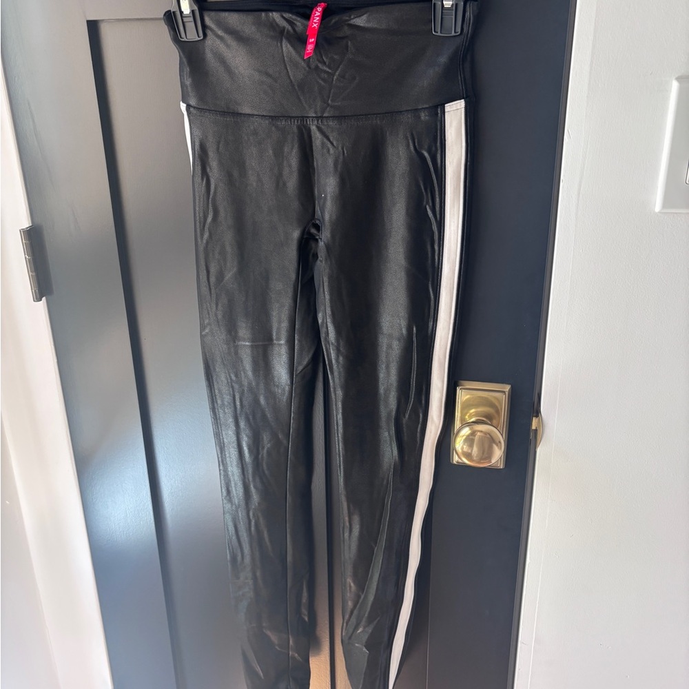 SPANX Black Faux Leather Leggings with White Side Stripe